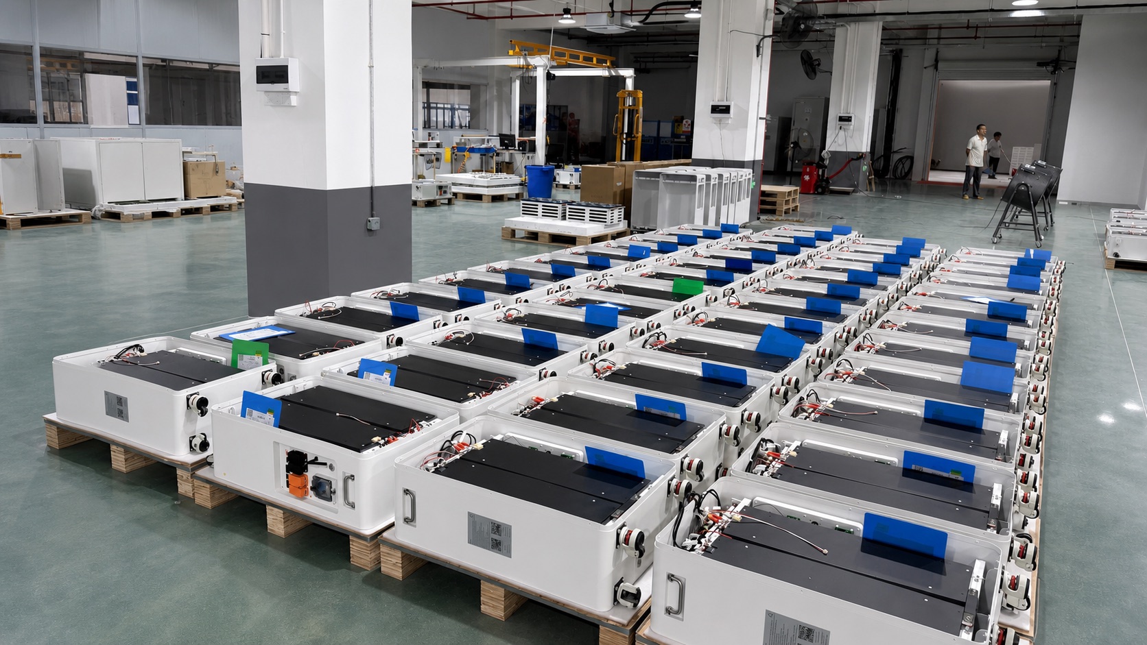 Residential energy storage battery modules arranged in a real production facility