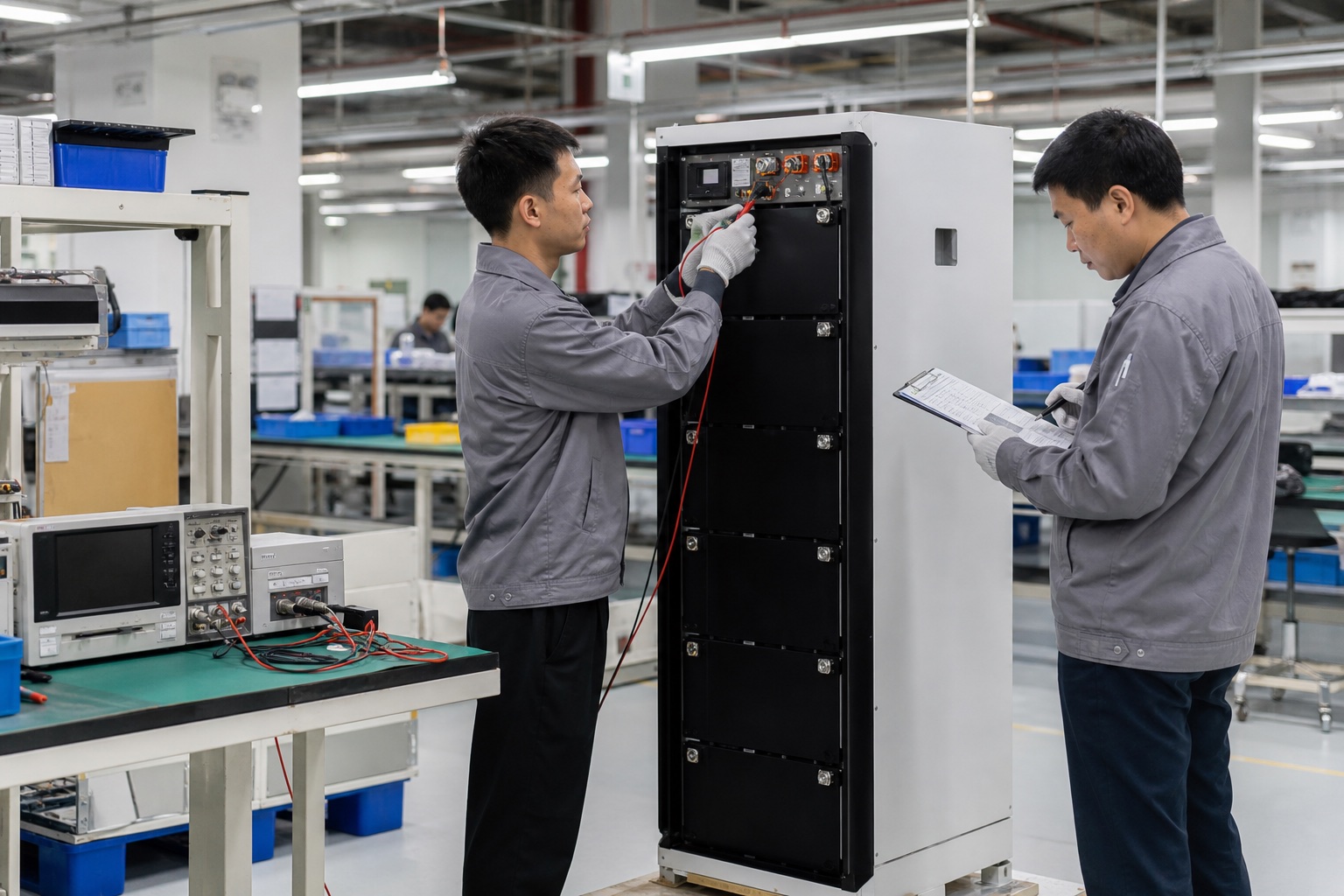 Technicians inspecting and recording checks on an energy storage cabinet